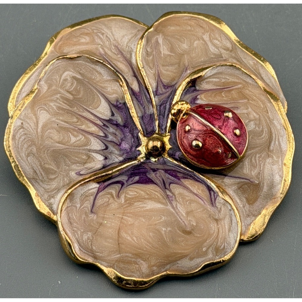 Vintage Flower Brooch Pansy with Ladybug Gold Tone Purple M.Jent 2"